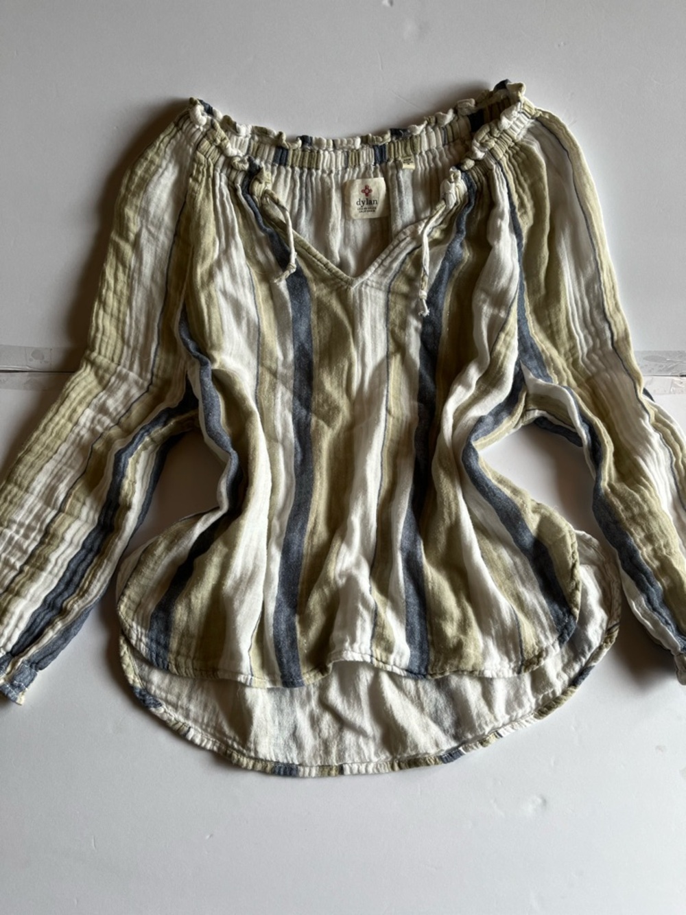 Coastal cowgirl western boho Olive, White & Navy Striped peasant Blouse